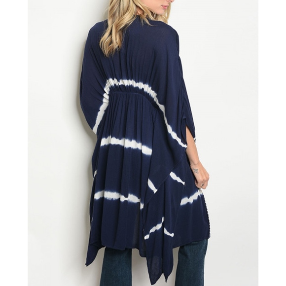Navy 3/4 Futter Sleeve Open Front Tie Dye Kimono - Picture 2 of 3
